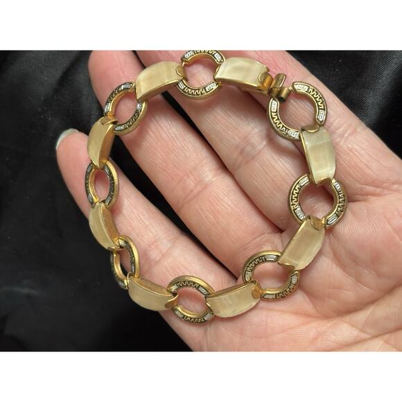 Vintage Spanish Faux Damascene Lucite Link Bracelet Gold Tone 8" Long - Picture 7 of 8